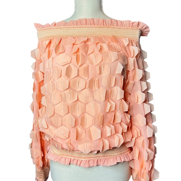 N BY NANCY Tops - # A110   Nancy  Romantic  Peach 3d Hexagon appliqués  Off-Shoulder Top NWT  S